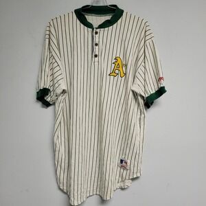 Oakland Athletics Shirt Large A's Logo Nutmeg Mills USA 90s Pinstripe Jersey Vtg